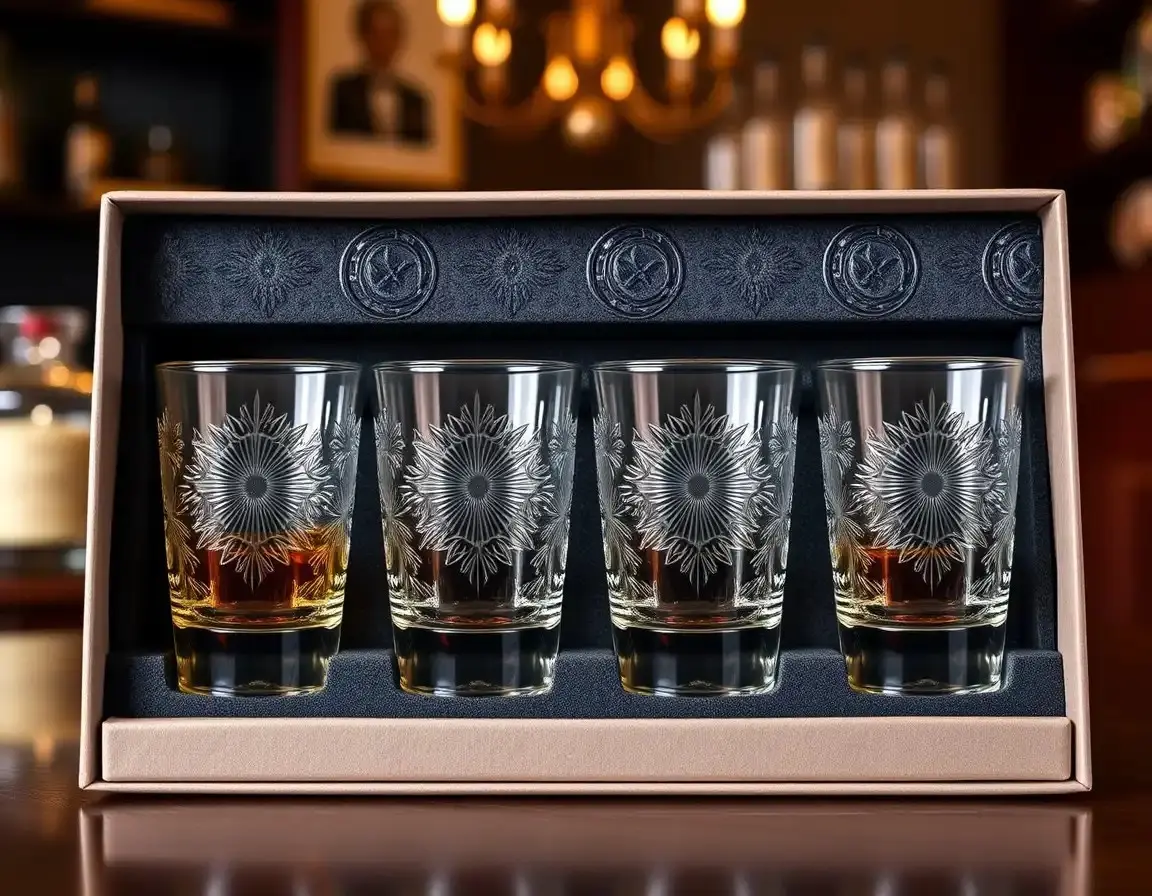 Set mit vier ungewöhnlich geformten Whiskey Gläsern
