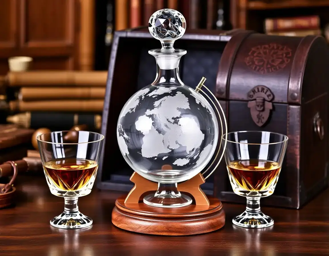 Whiskey Dekanter in Form einer geätzten Weltkugel mit Ständer