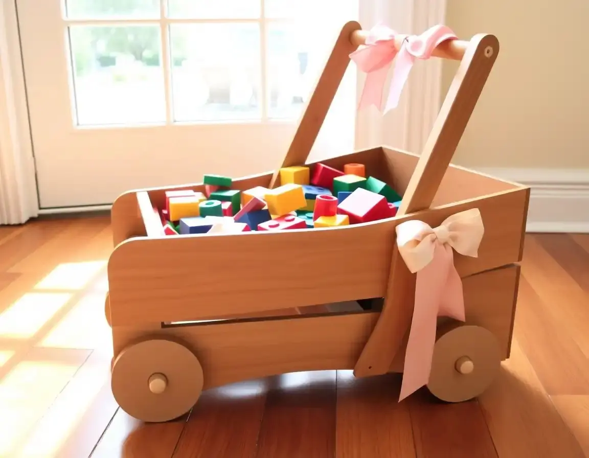 Lauflernwagen aus Holz mit Bauklötzen