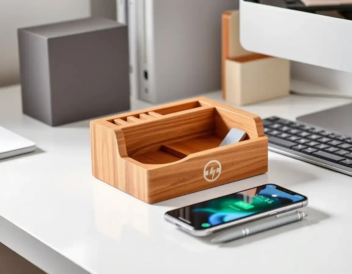 Hölzerner Schreibtisch-Organizer mit Ladepad