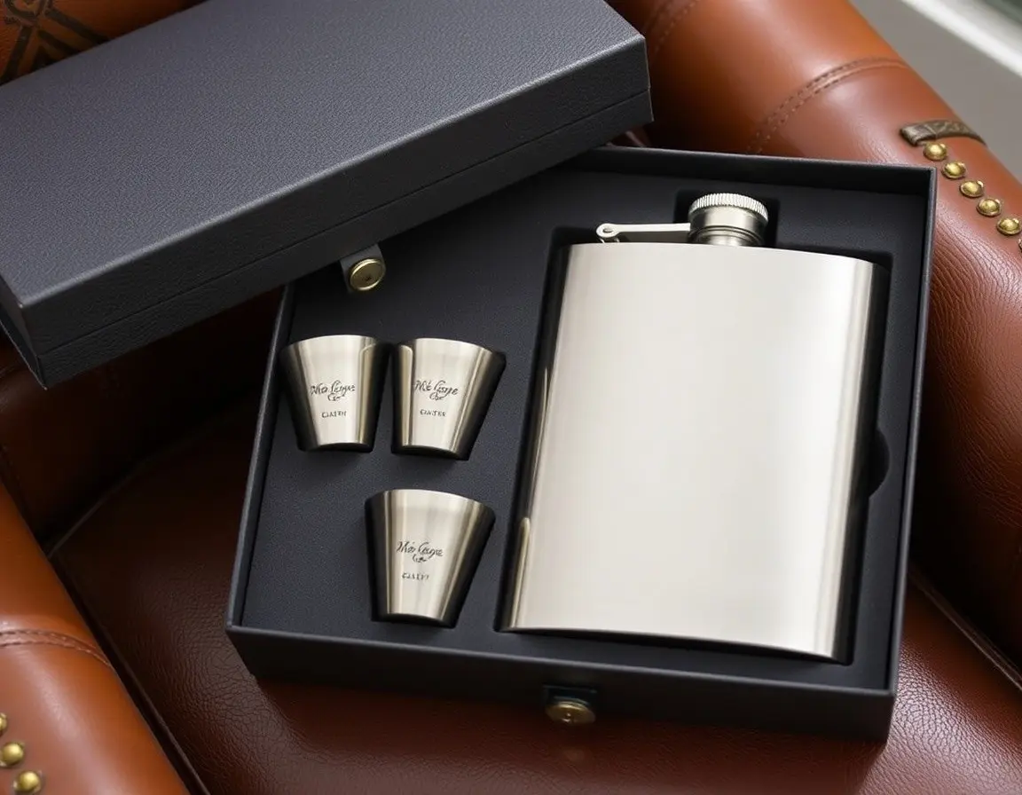 Graviertes Edelstahl-Flachmann-Set