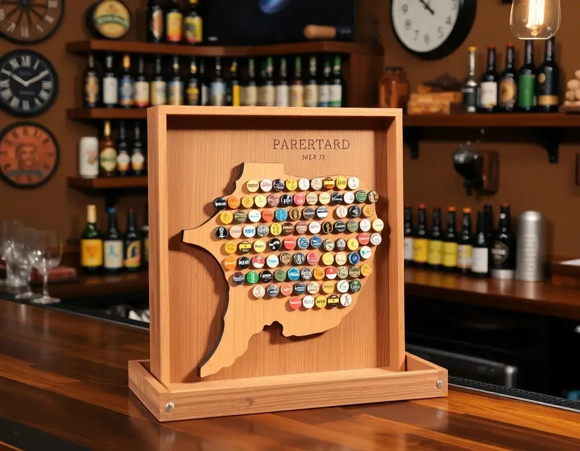 Wooden Beer Cap Collector Display Map