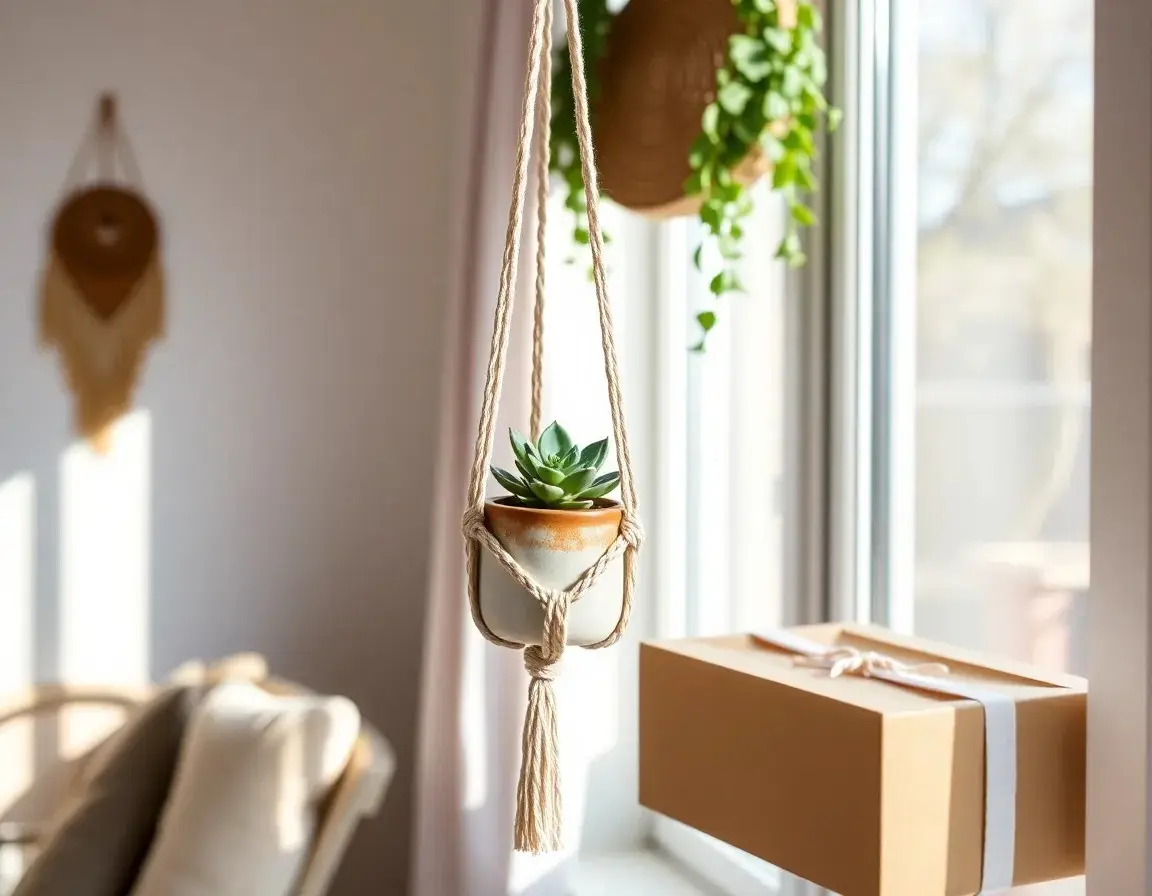 Makramee-Pflanzenaufhänger mit Keramiktopf