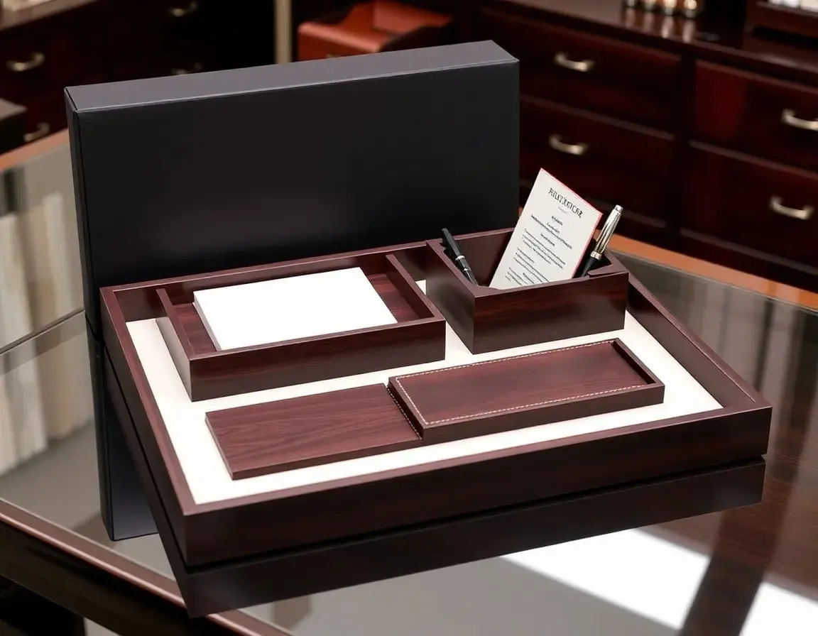 Eleganter Schreibtisch-Organizer aus Holz und Leder