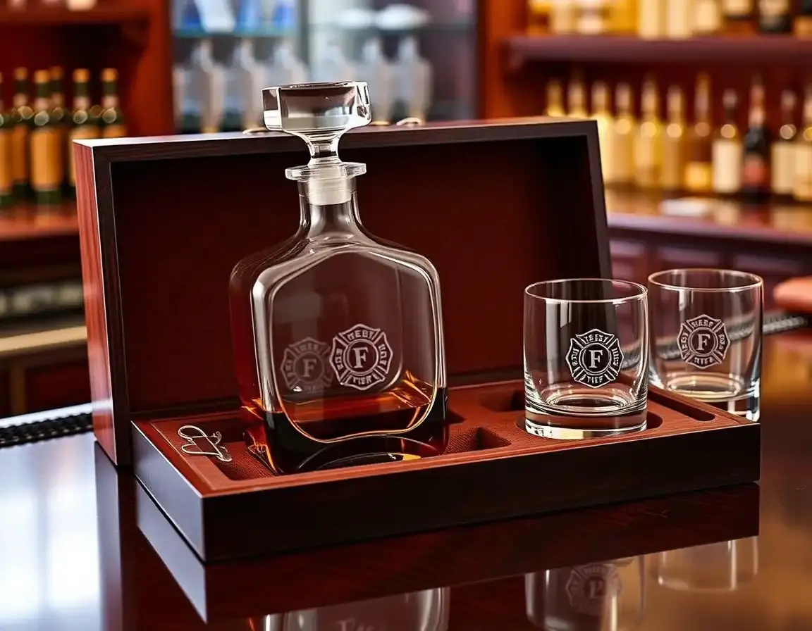 Whisky-Dekanter-Set mit Feuerwehremblem